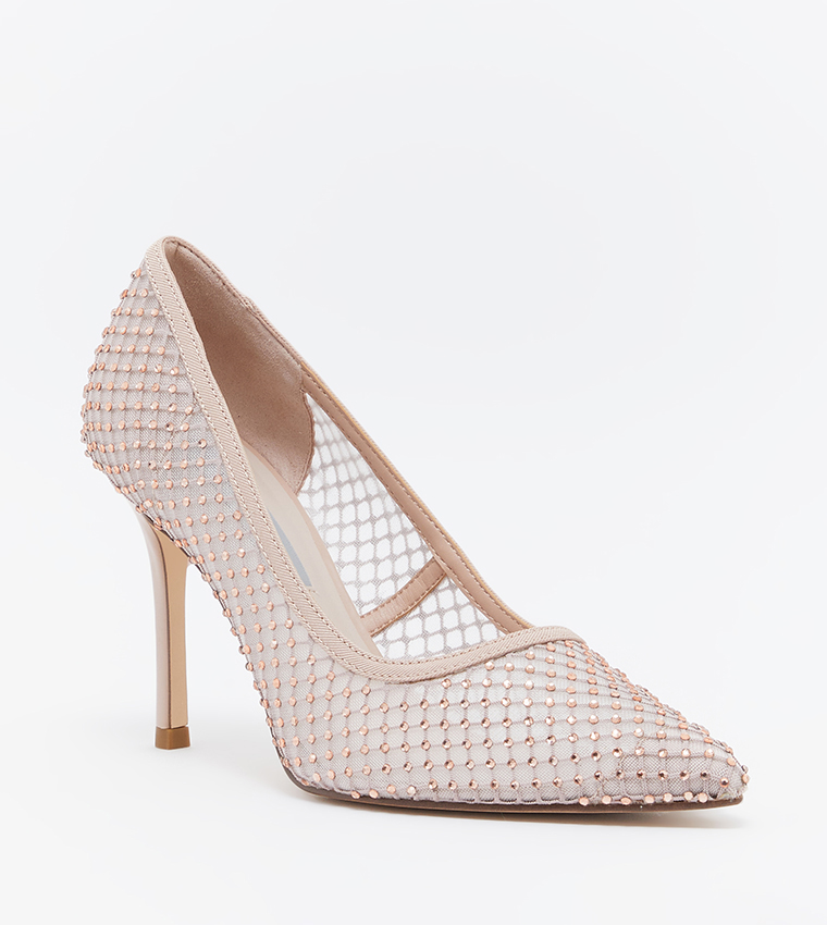 Gem-Encrusted Mesh Heeled Pumps