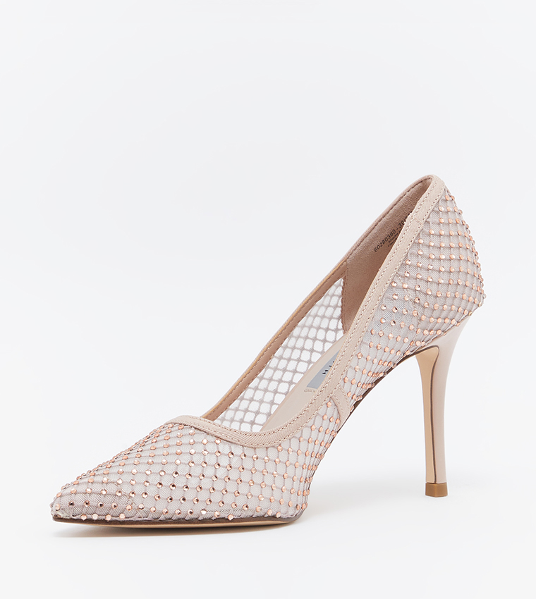 Gem-Encrusted Mesh Heeled Pumps