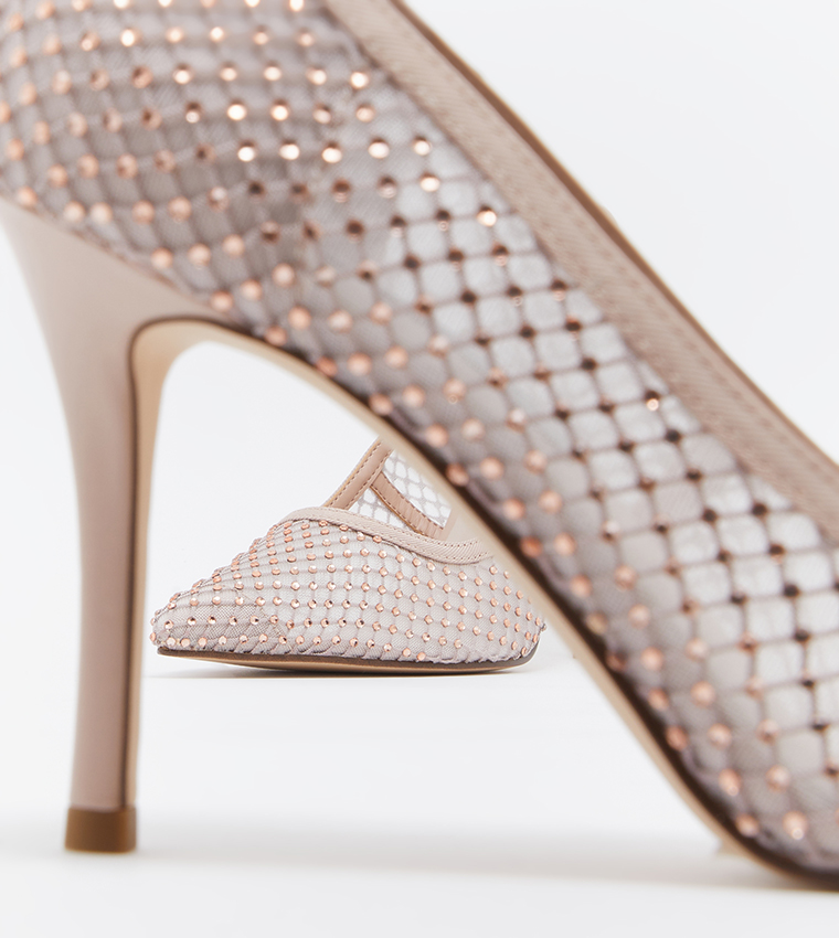 Gem-Encrusted Mesh Heeled Pumps