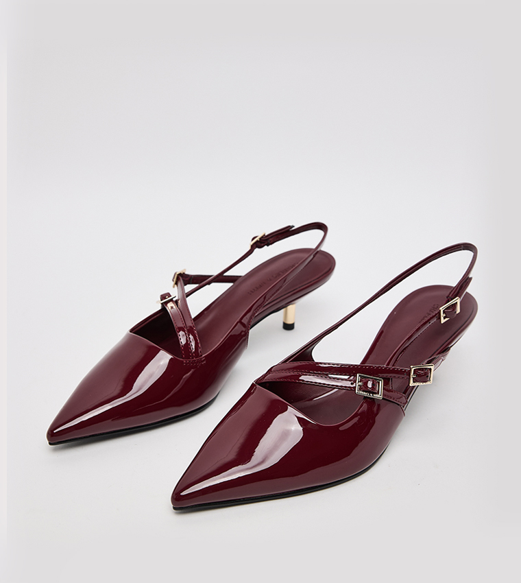 Patent Buckle Strap Kitten Heel Slingback Pumps
