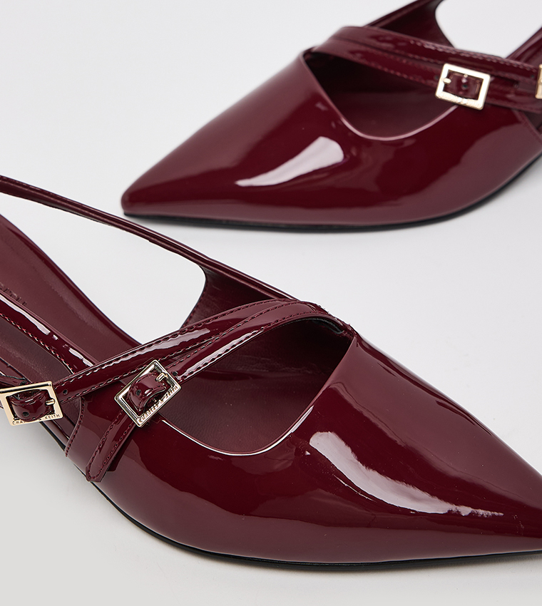 Patent Buckle Strap Kitten Heel Slingback Pumps
