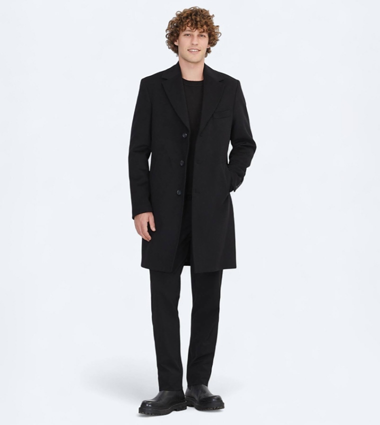 Solid Regular Fit Lapel Collar Overcoat