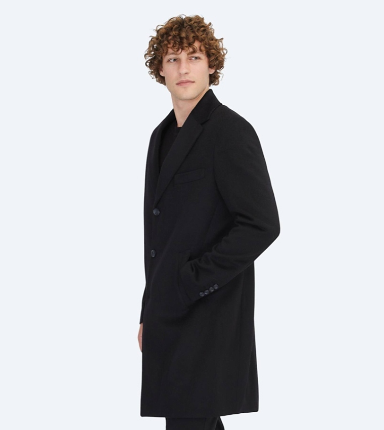Solid Regular Fit Lapel Collar Overcoat