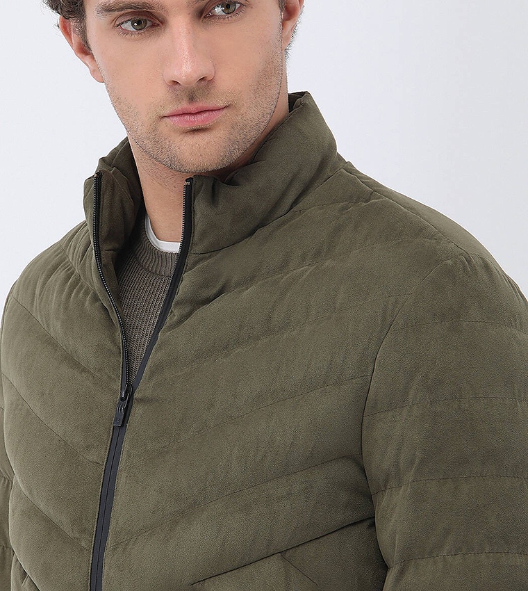 Solid Regular Fit High Neck Puffer Jacket