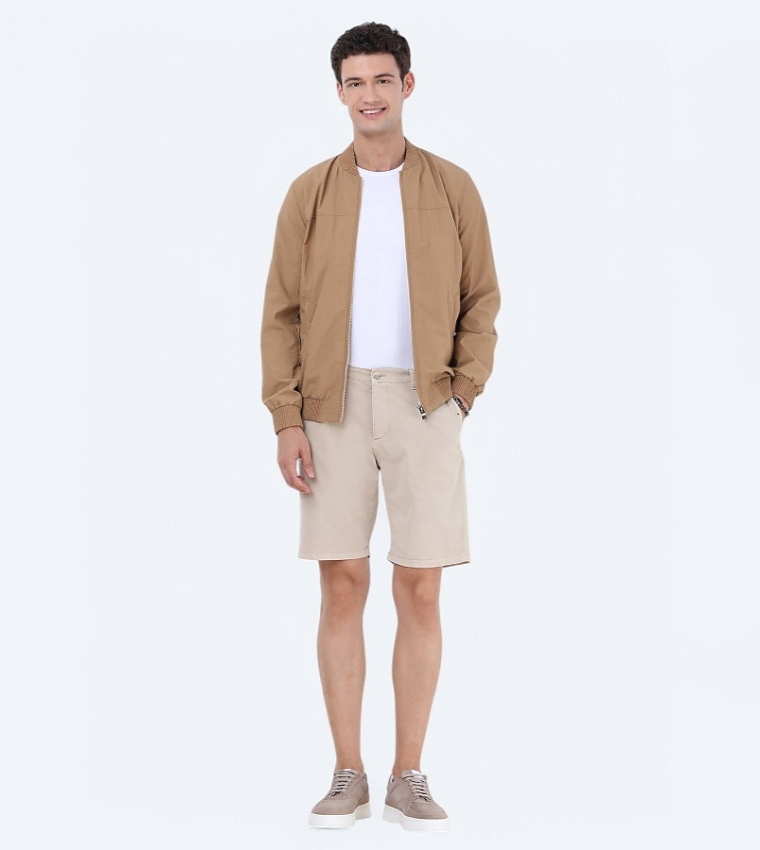 Solid Regular Fit Stand Collar Bomber Jacket