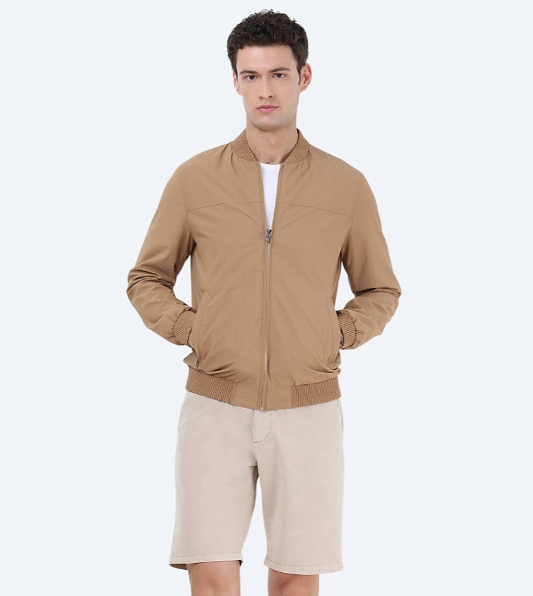 Solid Regular Fit Stand Collar Bomber Jacket