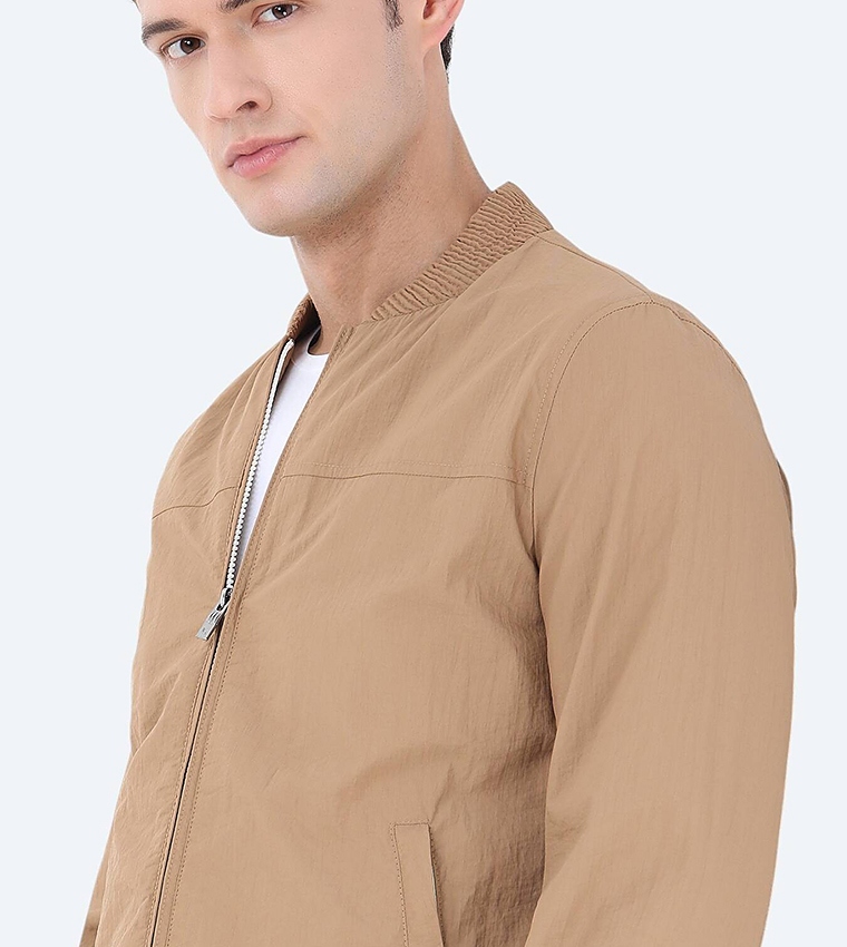 Solid Regular Fit Stand Collar Bomber Jacket
