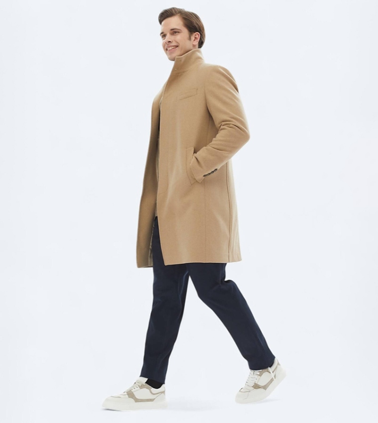 جاكيت طويل منسوج سادة بقصة عادية وقبة عالية
