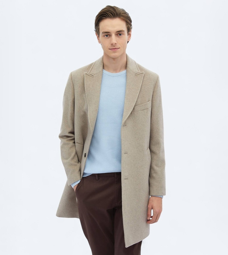 Solid Regular Fit Double Breasted Woven Overcoat