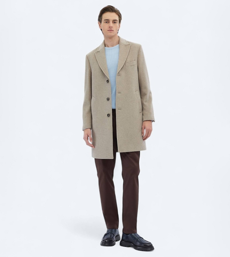 Solid Regular Fit Double Breasted Woven Overcoat