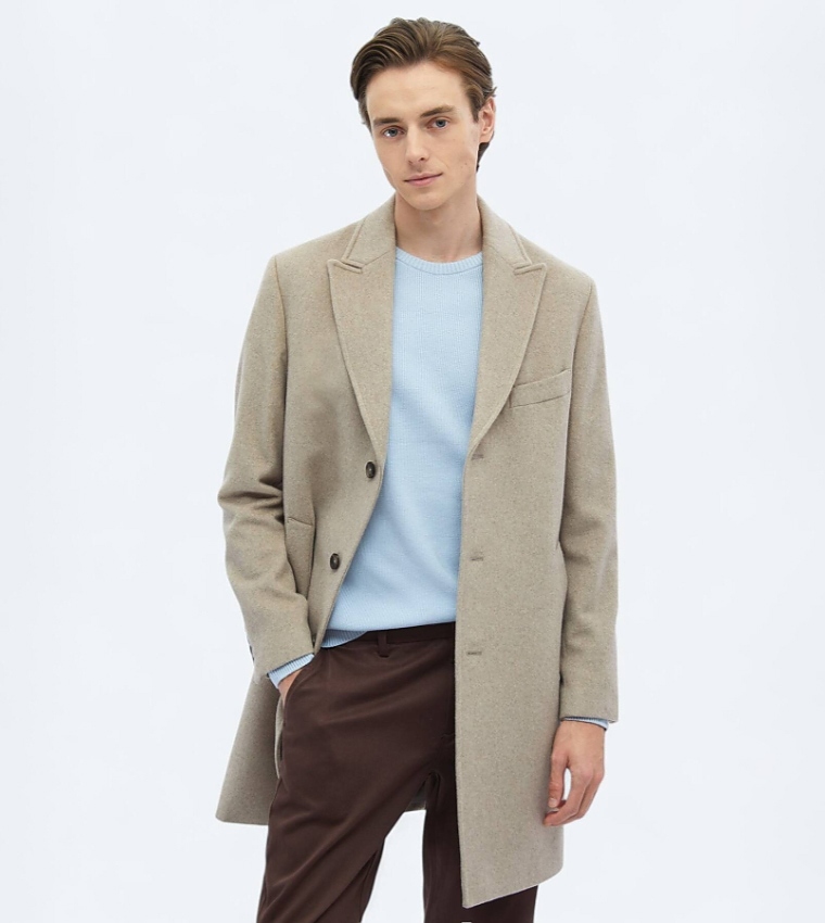 Solid Regular Fit Double Breasted Woven Overcoat