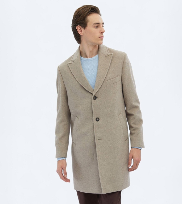 Solid Regular Fit Double Breasted Woven Overcoat