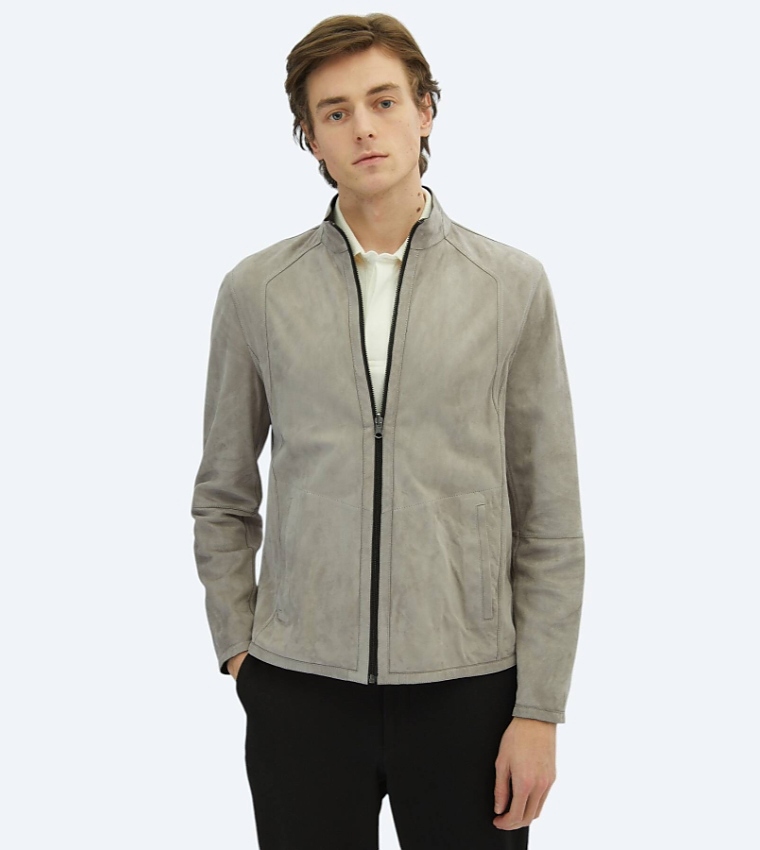 Solid Regular Fit High Neck Reversible Leather Jacket
