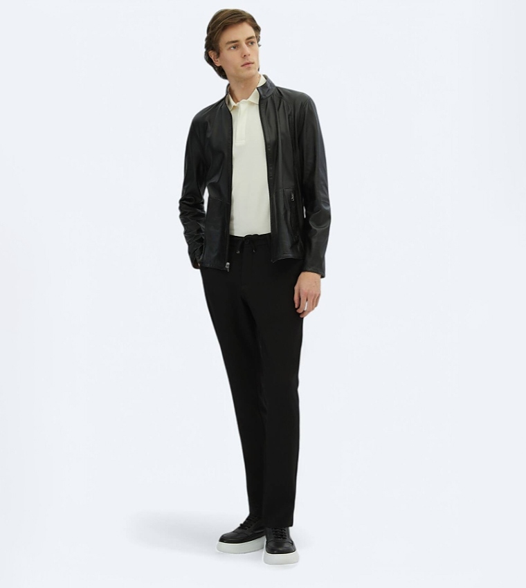 Solid Regular Fit High Neck Reversible Leather Jacket