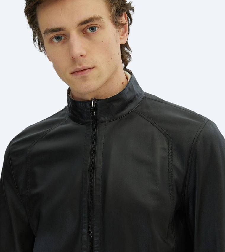 Solid Regular Fit High Neck Reversible Leather Jacket