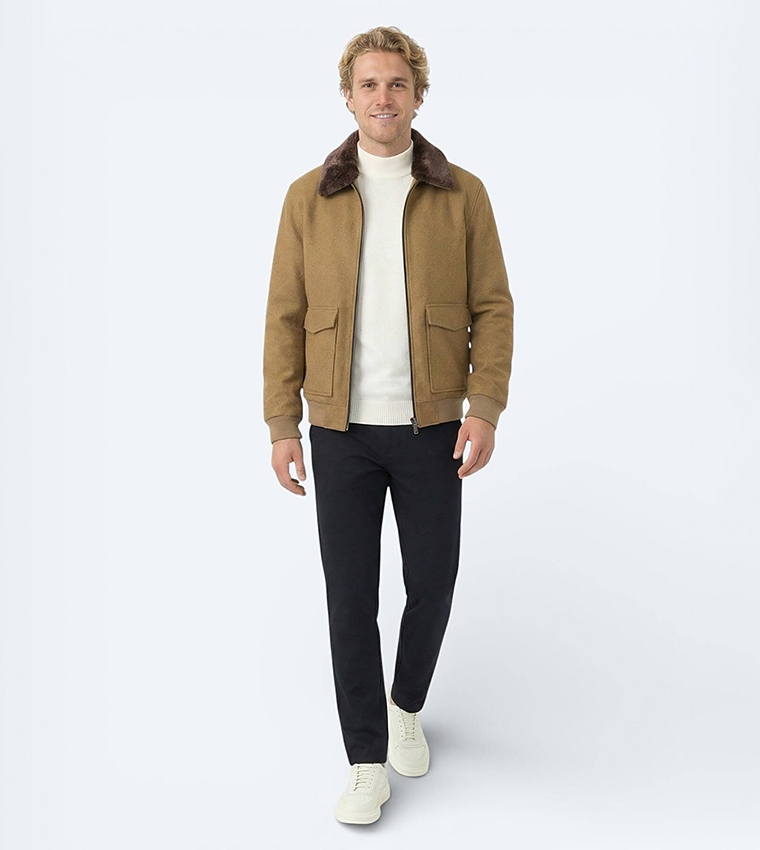 Solid Collared Zip Through Woven Jacket