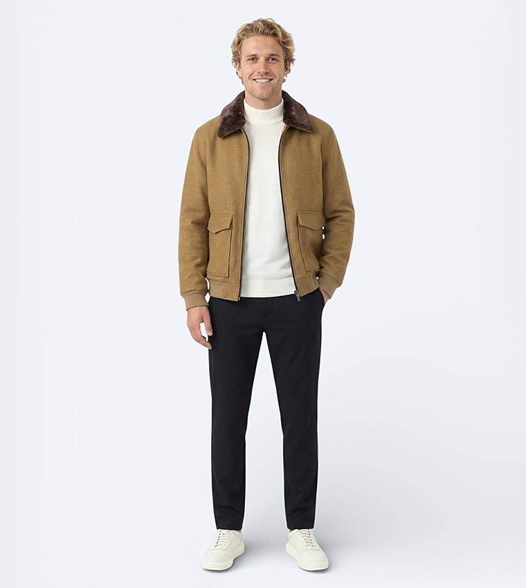 Solid Collared Zip Through Woven Jacket