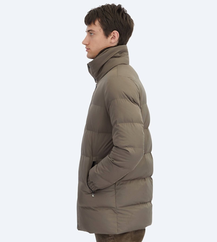 Solid High Neck Woven Puffer Jacket
