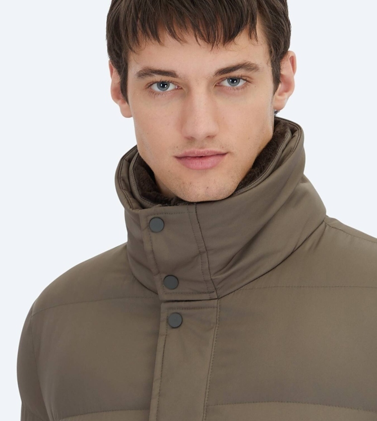 Solid High Neck Woven Puffer Jacket