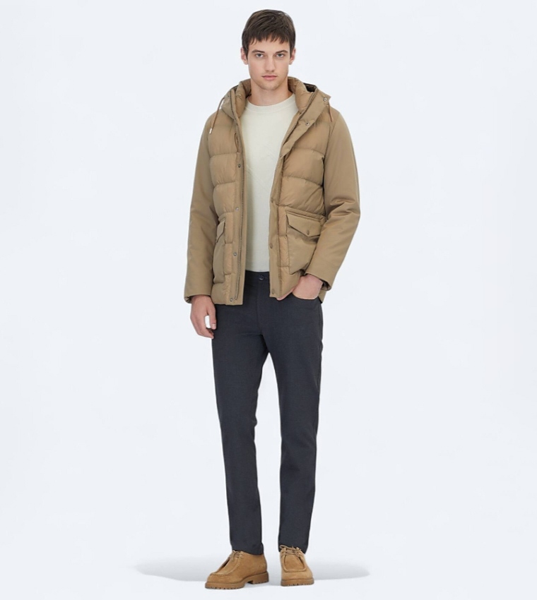 Solid Hooded Woven Puffer Jacket