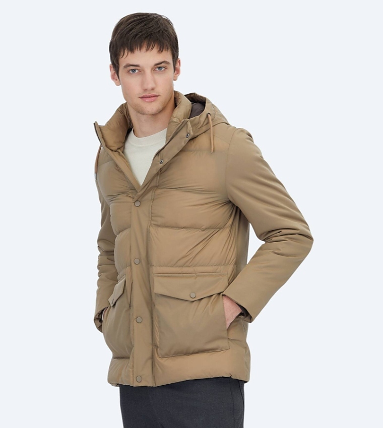 Solid Hooded Woven Puffer Jacket