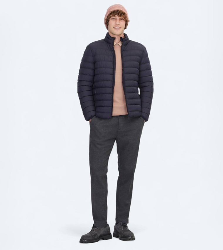 Solid Regular Fit High Neck Woven Puffer Jacket