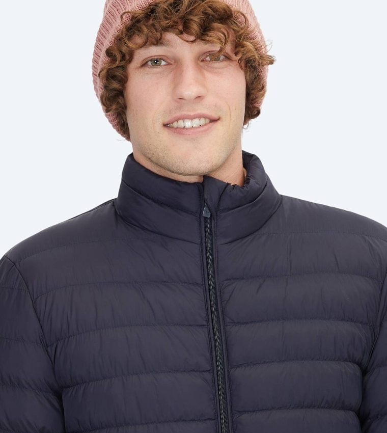 Solid Regular Fit High Neck Woven Puffer Jacket