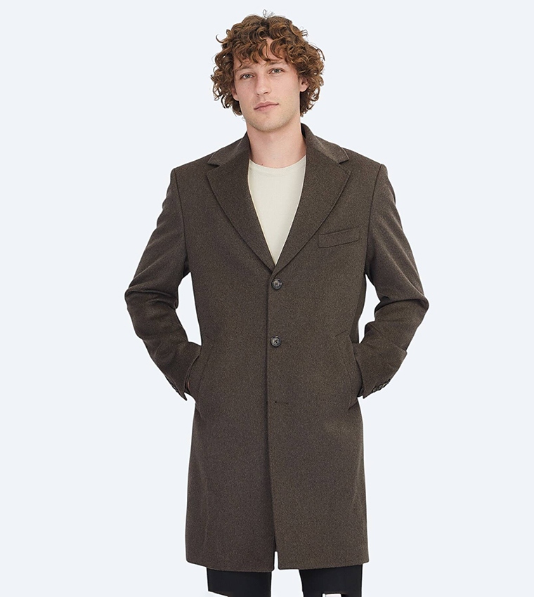 Solid Regular Fit Lapel Collar Woven Overcoat