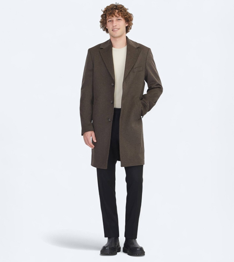 Solid Regular Fit Lapel Collar Woven Overcoat