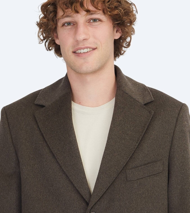 Solid Regular Fit Lapel Collar Woven Overcoat