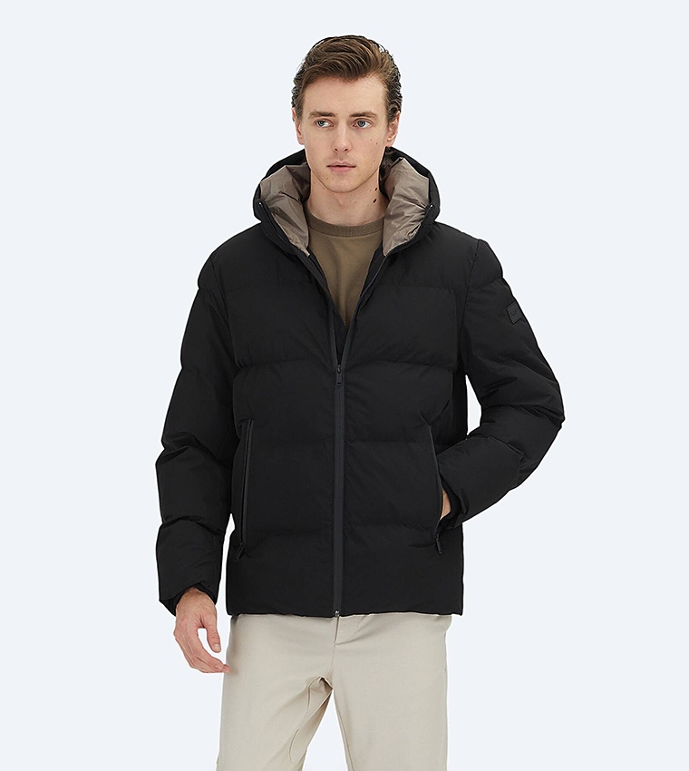 Solid Hooded Woven Puffer Jacket