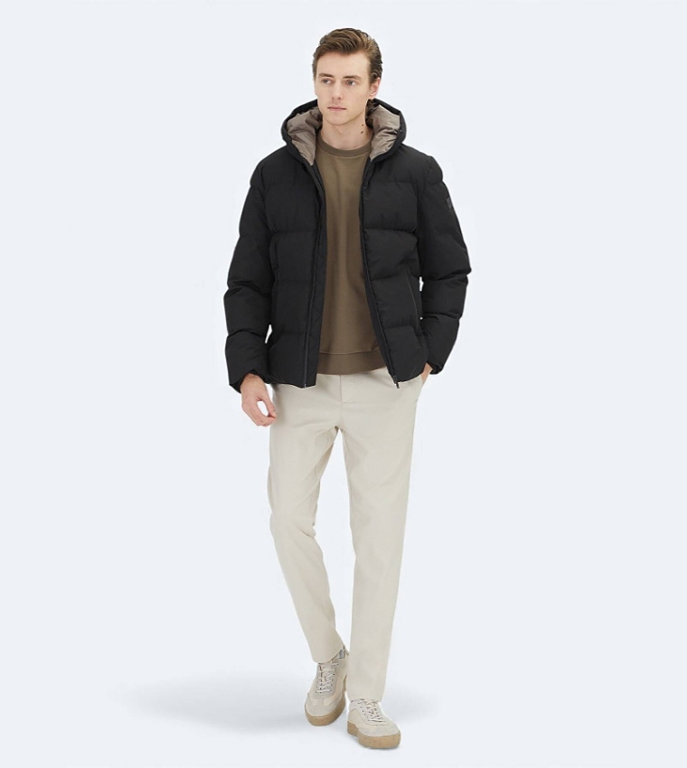 Solid Hooded Woven Puffer Jacket
