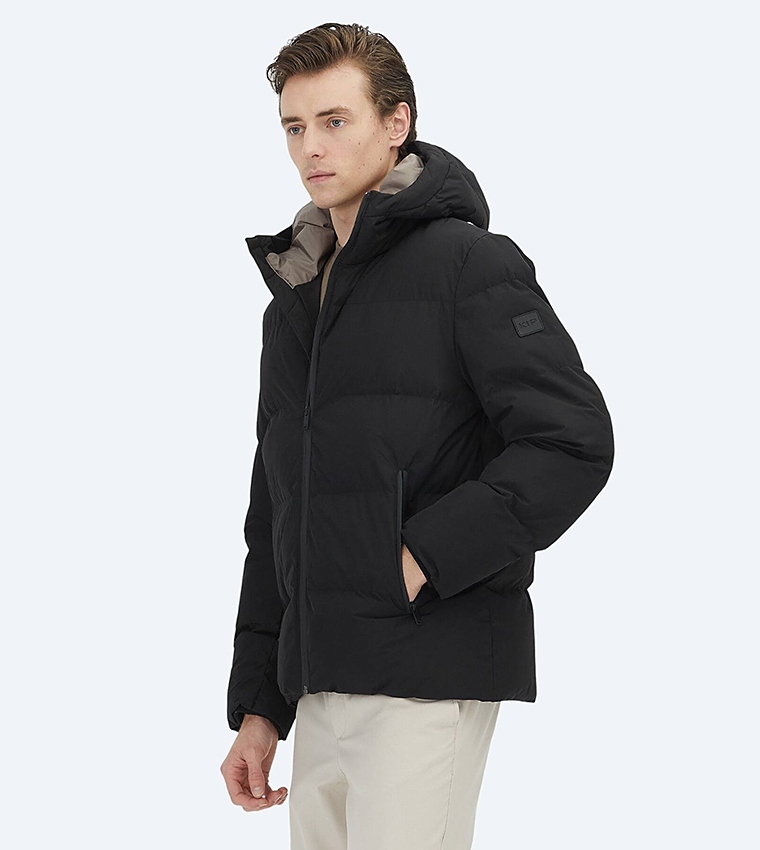 Solid Hooded Woven Puffer Jacket