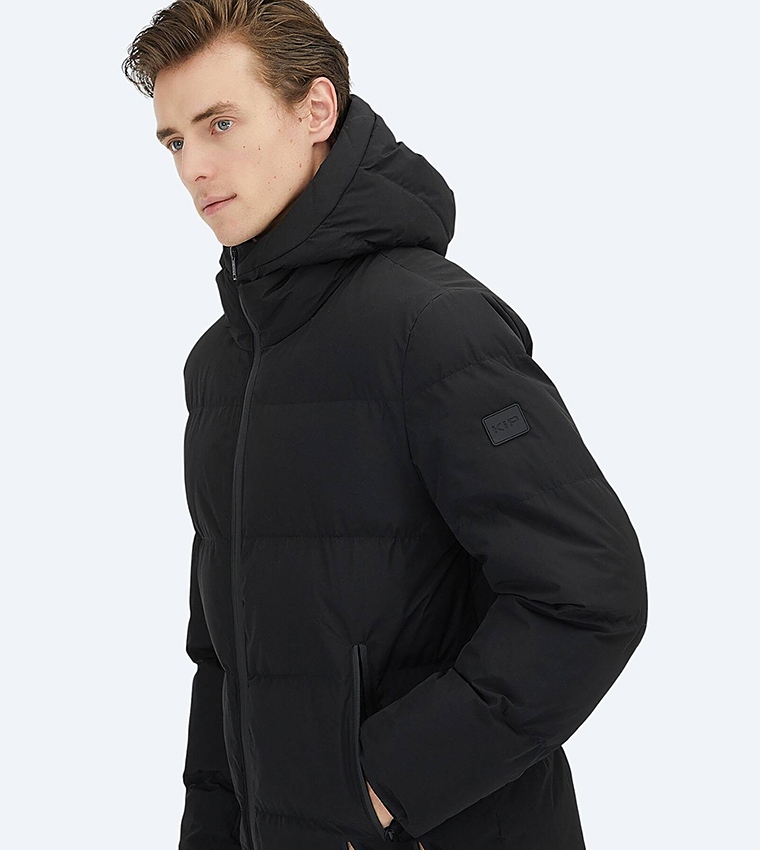Solid Hooded Woven Puffer Jacket