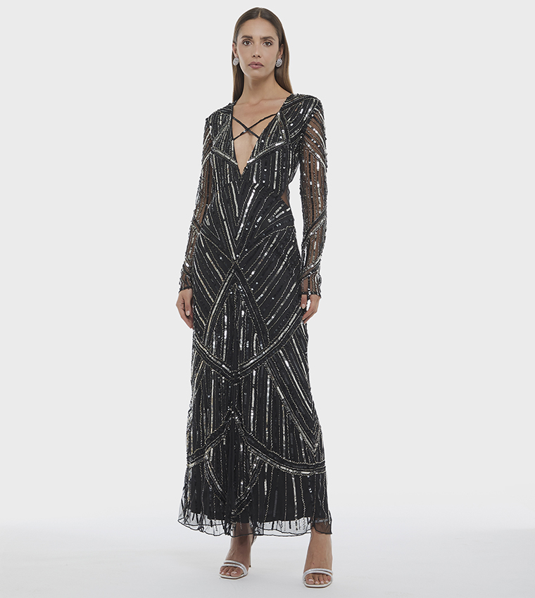 Embellished Long Sleeves V-Neck Maxi Dress