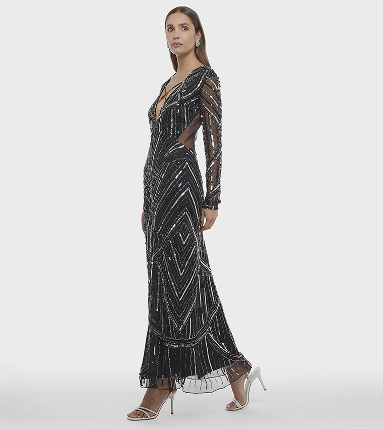 Embellished Long Sleeves V-Neck Maxi Dress