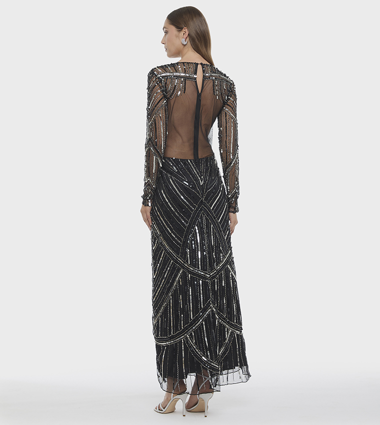 Embellished Long Sleeves V-Neck Maxi Dress