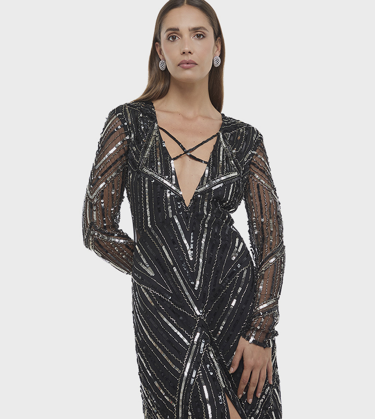 Embellished Long Sleeves V-Neck Maxi Dress