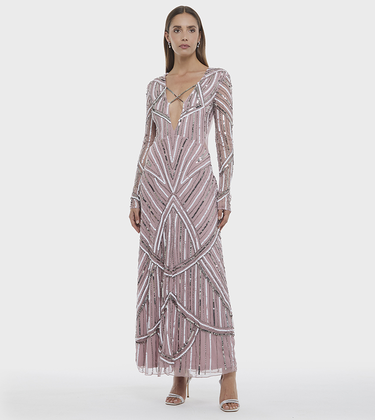 فستان ماكسي كم طويل بقبة V