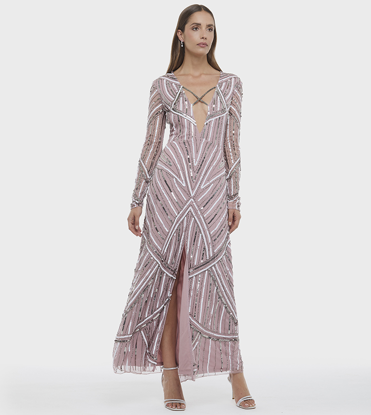 فستان ماكسي كم طويل بقبة V