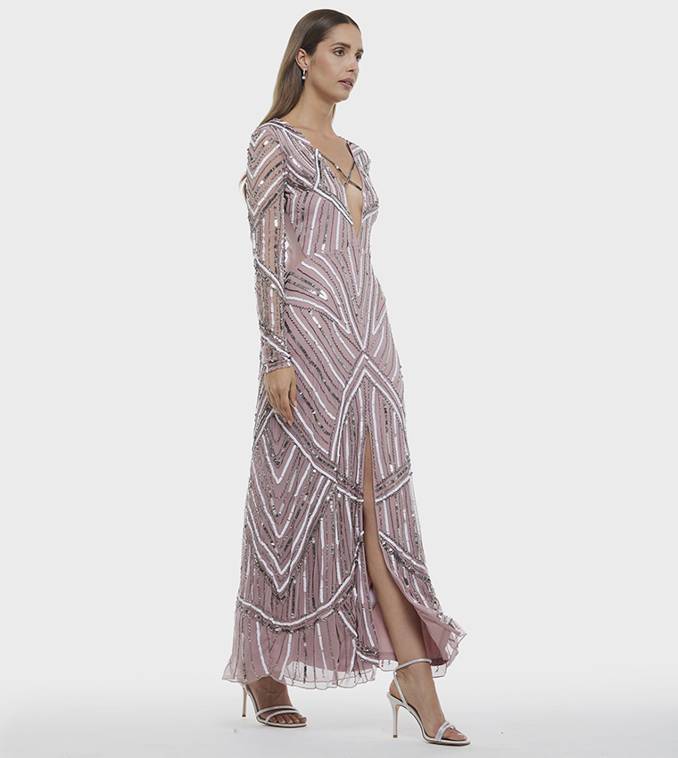 فستان ماكسي كم طويل بقبة V