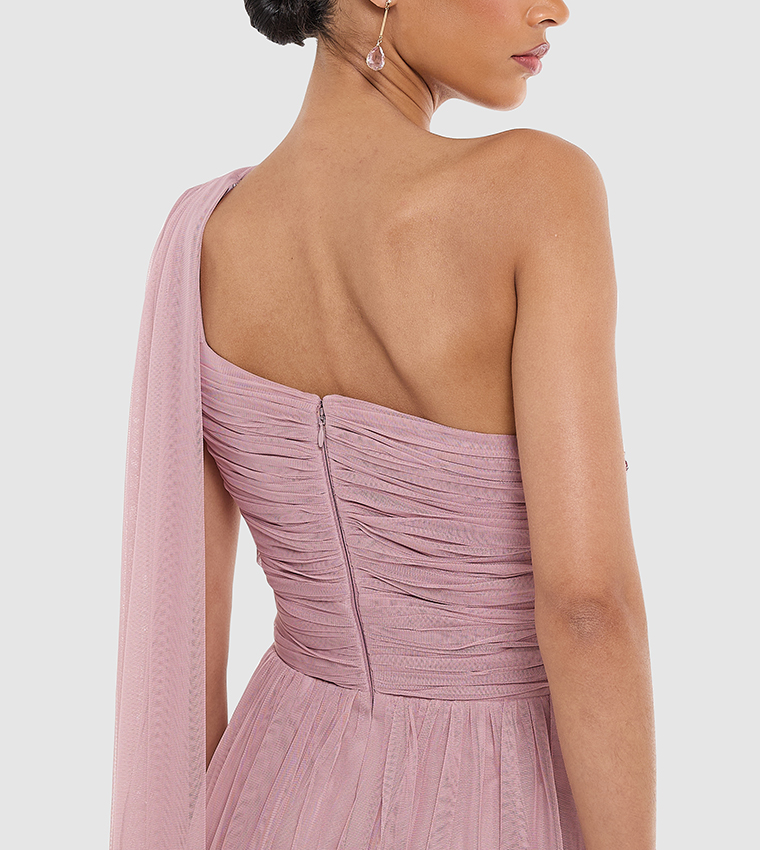 bcbg one shoulder dress pink BCBG Max Azria Kira One Shoulder Pleated Dress Coral Pink Size M
