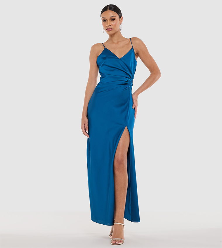 Draped Strappy Slit Maxi Satin Dress