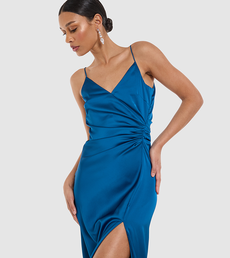 Draped Strappy Slit Maxi Satin Dress