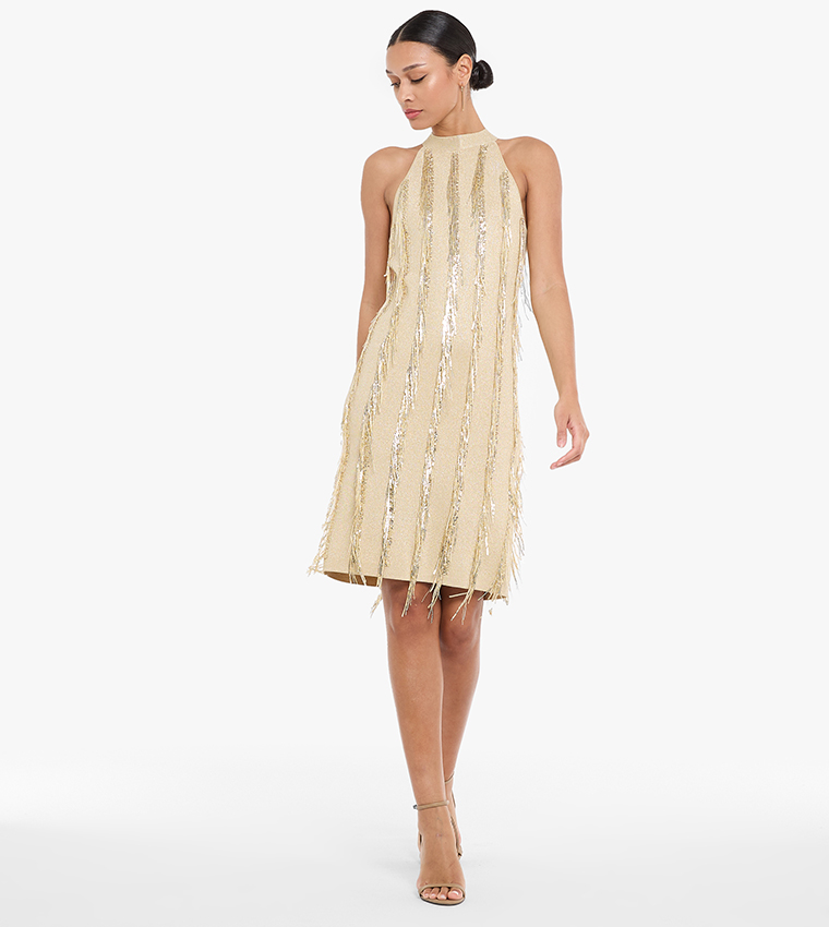Fringed Halterneck Mini Party Dress