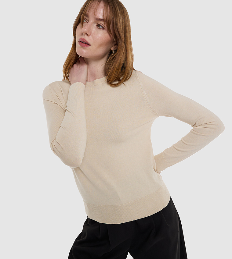 BCBG  Round Neck Sweaters - Beige Round Neck Sweaters