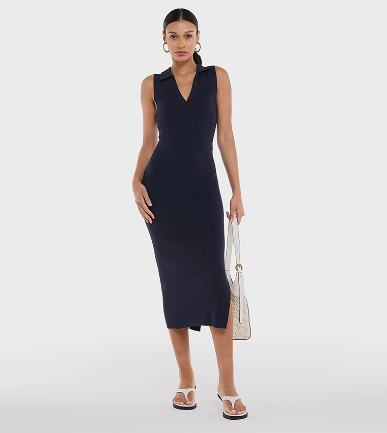 Buy BCBG Ribbed Collared Bodycon Dress In Navy | 6thstreet UAE