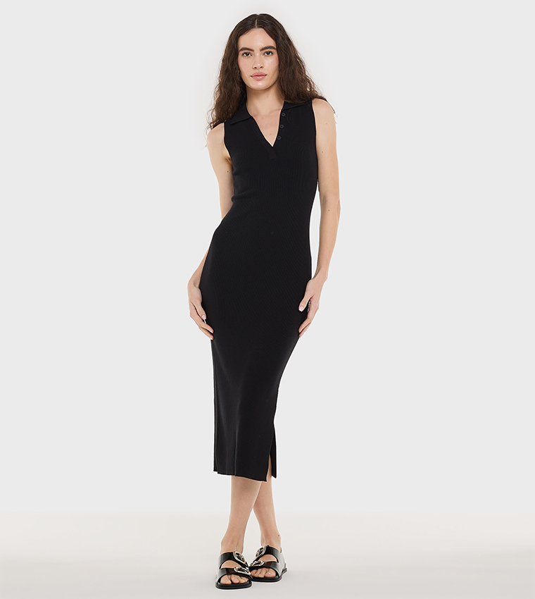 Ribbed Collared Sleeveless Midi Dress