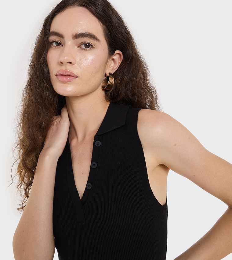 Ribbed Collared Sleeveless Midi Dress