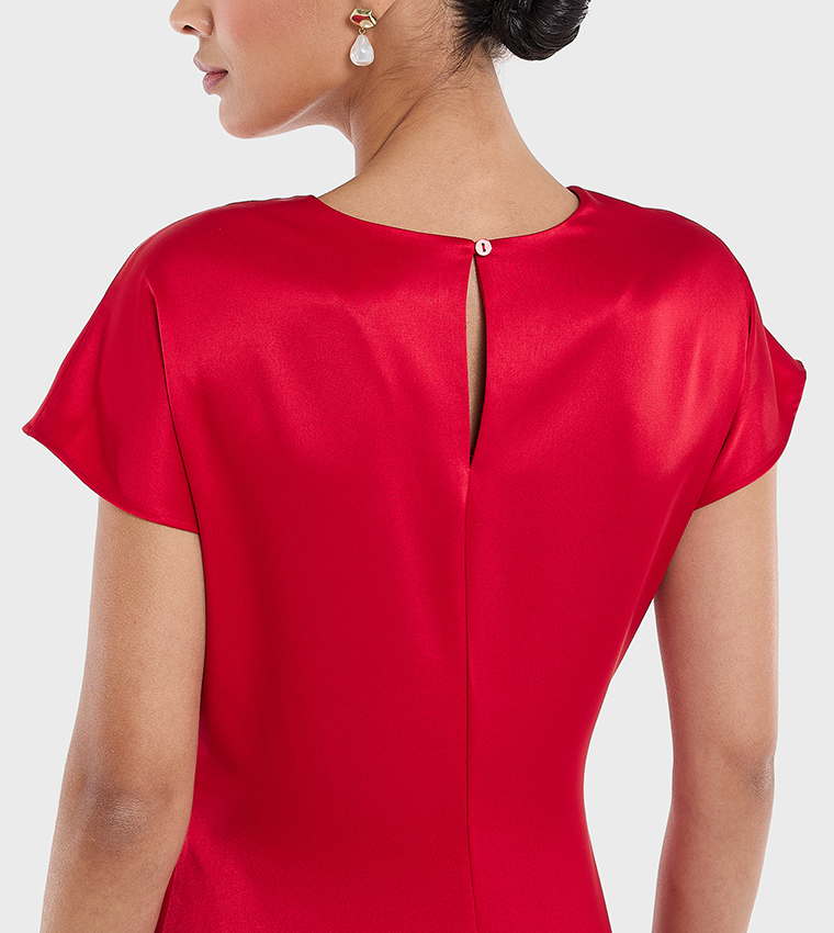 Twist Detail Short Sleeves Satin Party Dress